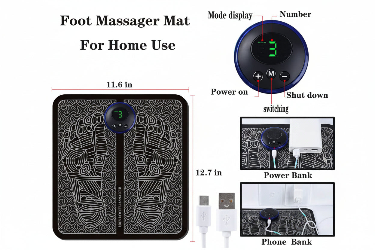 EMS Foot Massager Mat, Electric USB Charging Smart Display Tens Acupuncture